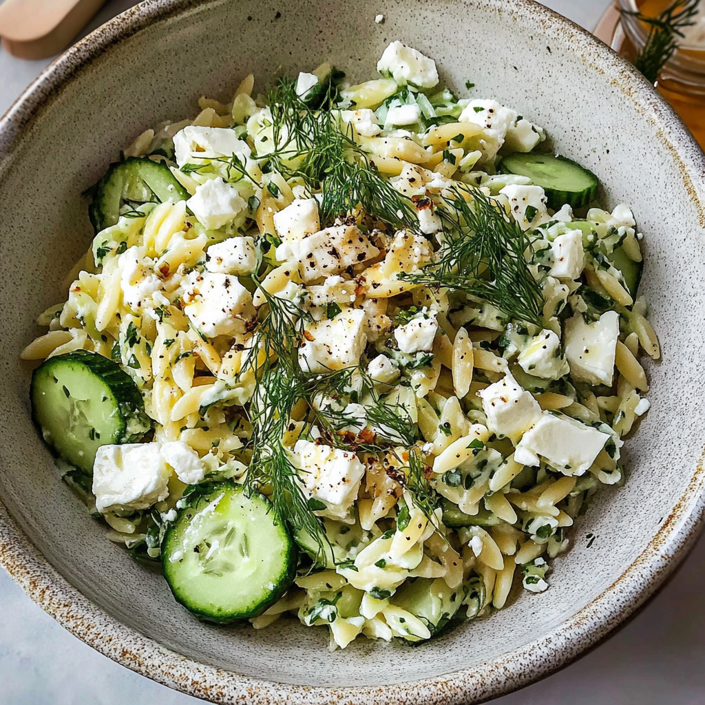 Recipe preparation for Lemon Orzo Salad with Feta and Cucumber