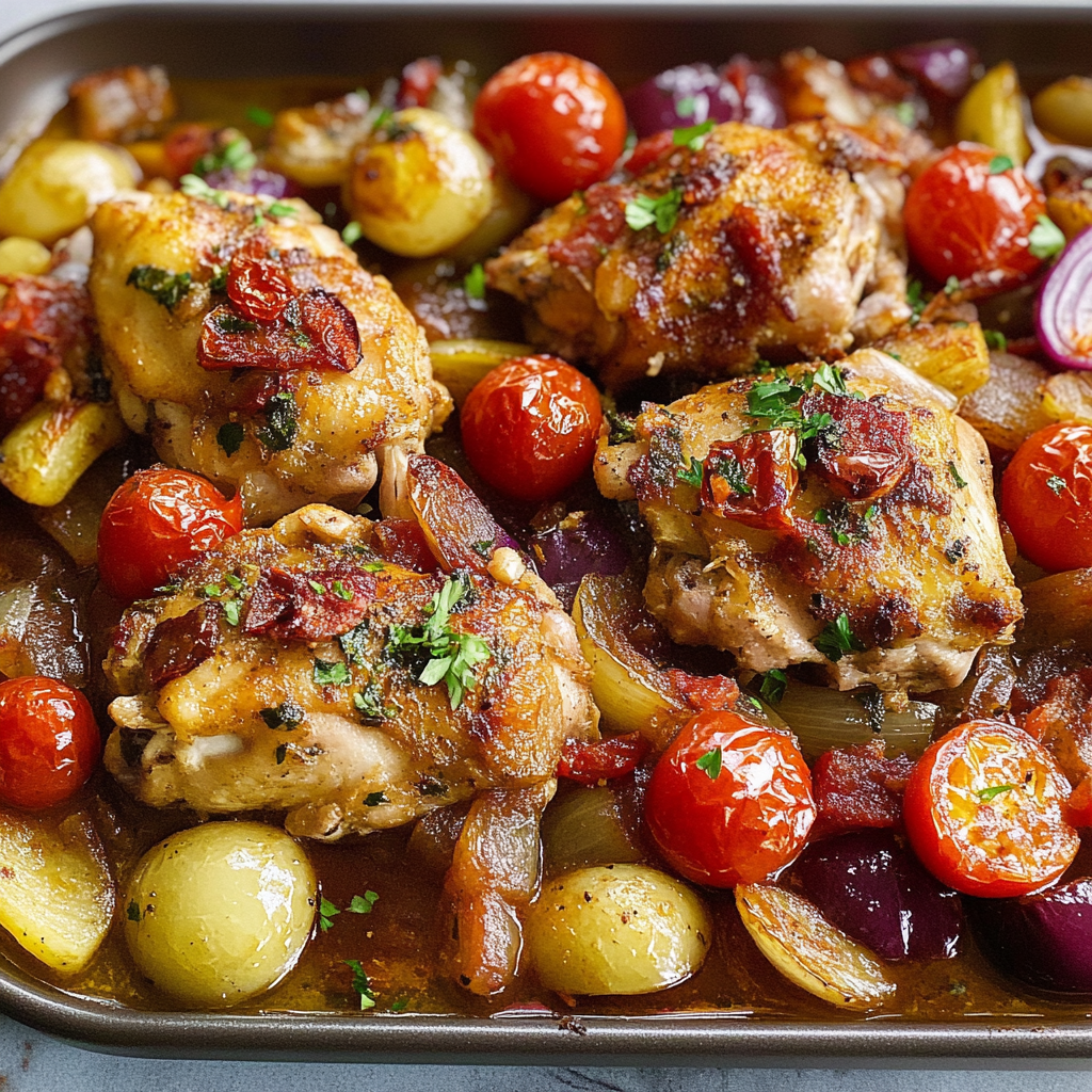 Recipe preparation for Chicken Thigh Sheet Pan Dinner with Roasted Onions and Juicy Tomatoes