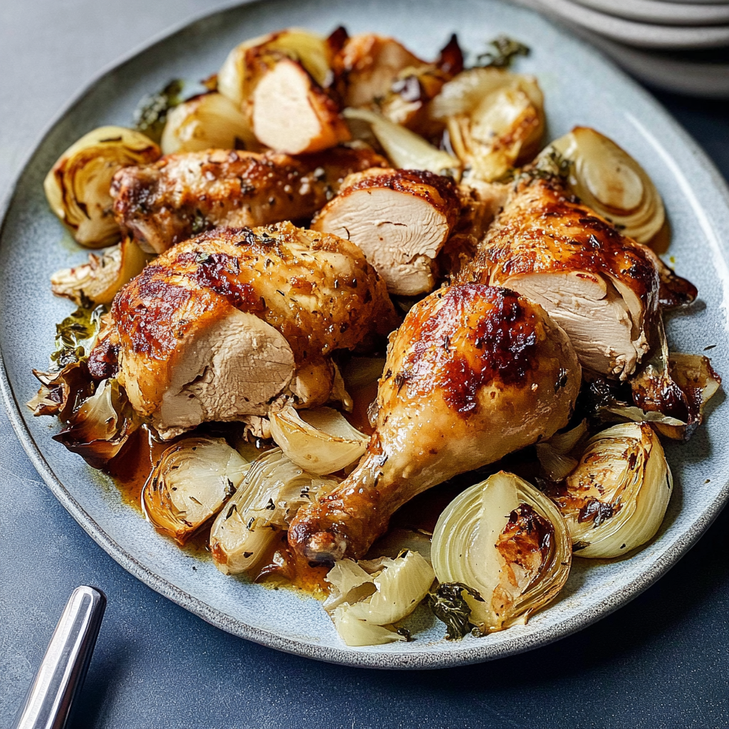 Recipe preparation for Sheet-Pan Roast Chicken and Cabbage with Spicy Dressing