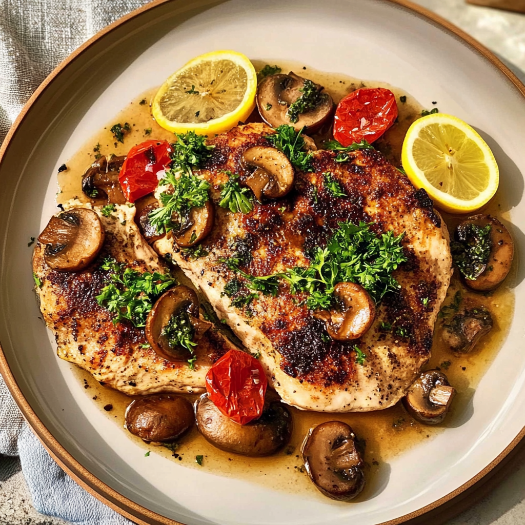 Recipe preparation for Sheet-Pan Chicken with White Beans & Summer Mushrooms