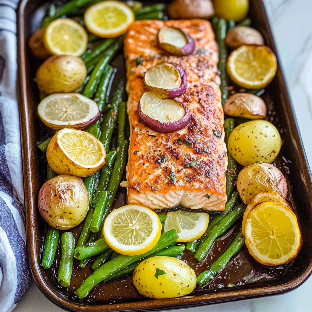 Recipe preparation for Lemon-Garlic Sheet-Pan Salmon with New Potatoes & Green Beans