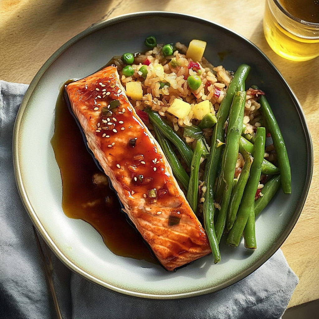Recipe preparation for Sheet-Pan Teriyaki Salmon with Green Beans & Pineapple