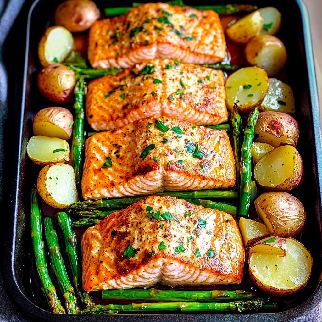 Recipe preparation for Garlic Butter-Roasted Salmon with Potatoes & Asparagus