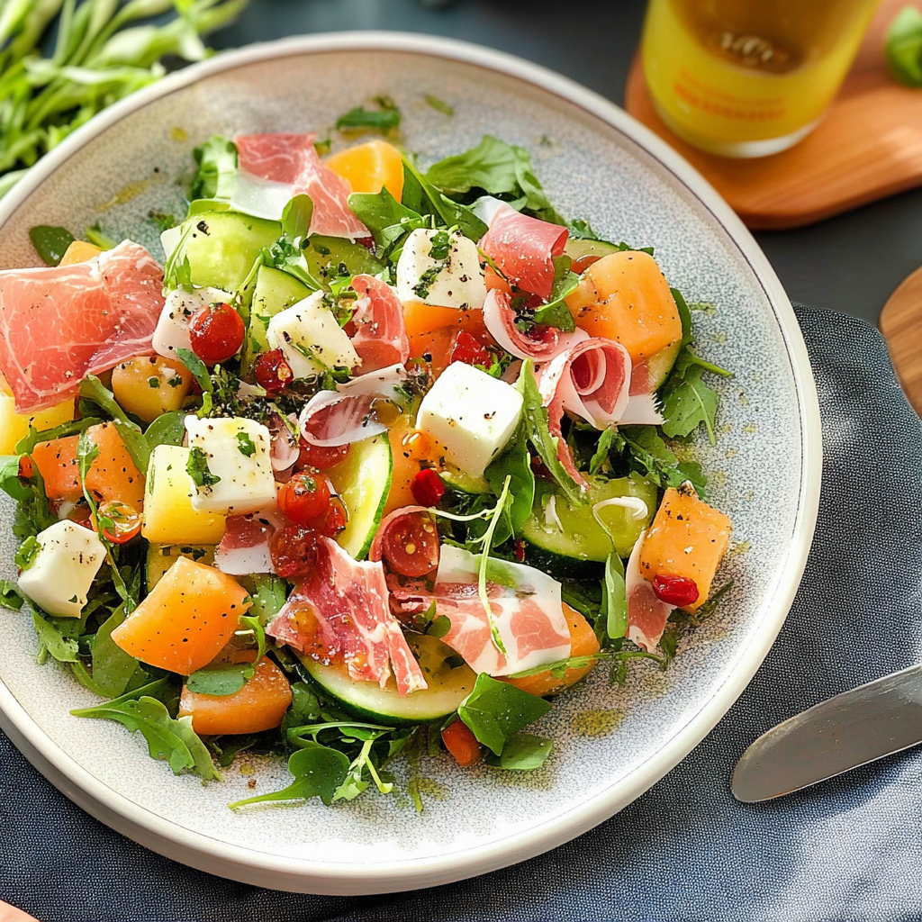 Recipe preparation for Melon Salad with Prosciutto & Mint