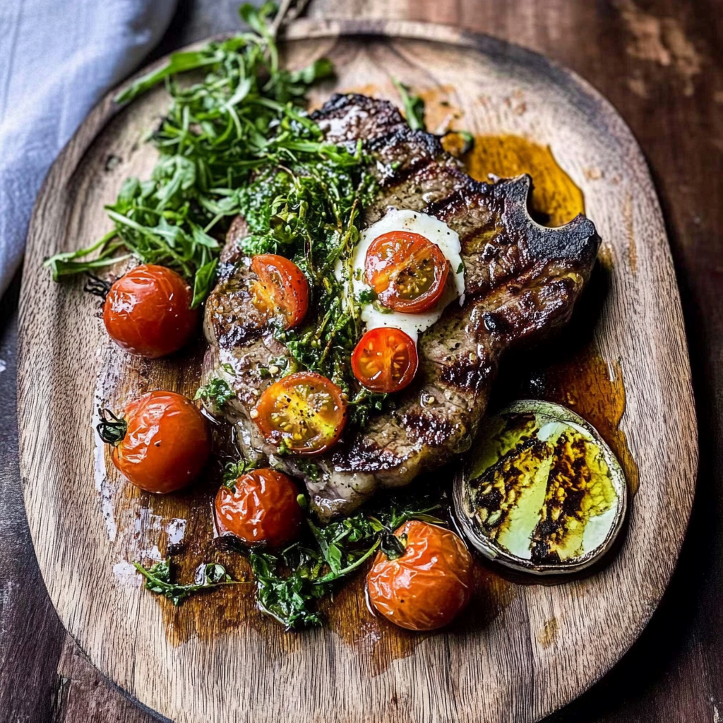 Recipe preparation for Tuscan Steak with Marinated Cherry Tomatoes
