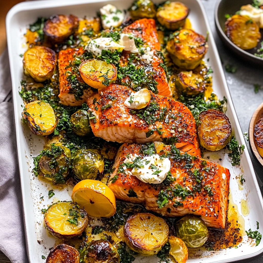 Recipe preparation for Sheet-Pan Salmon and Shaved Brussels Sprouts with Lemon-Garlic Drizzle