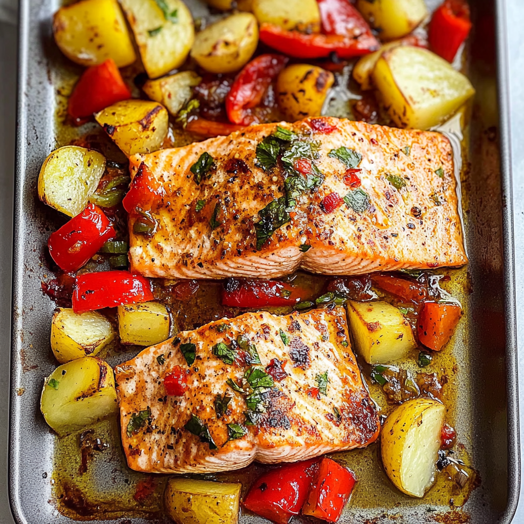 Recipe preparation for Sheet-Pan Chili-Lime Salmon with Potatoes & Peppers