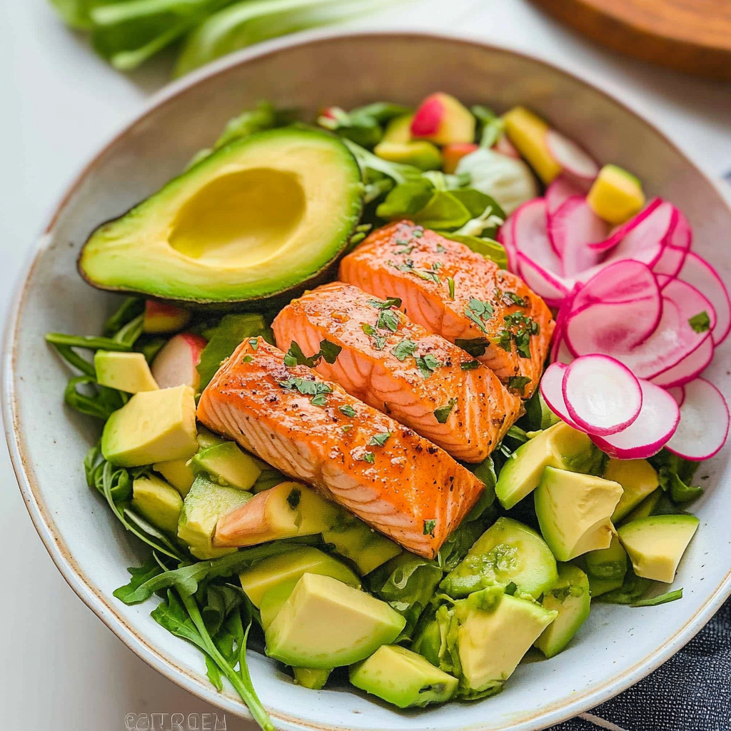 Recipe preparation for BBQ Salmon Salad with Corn and Avocado