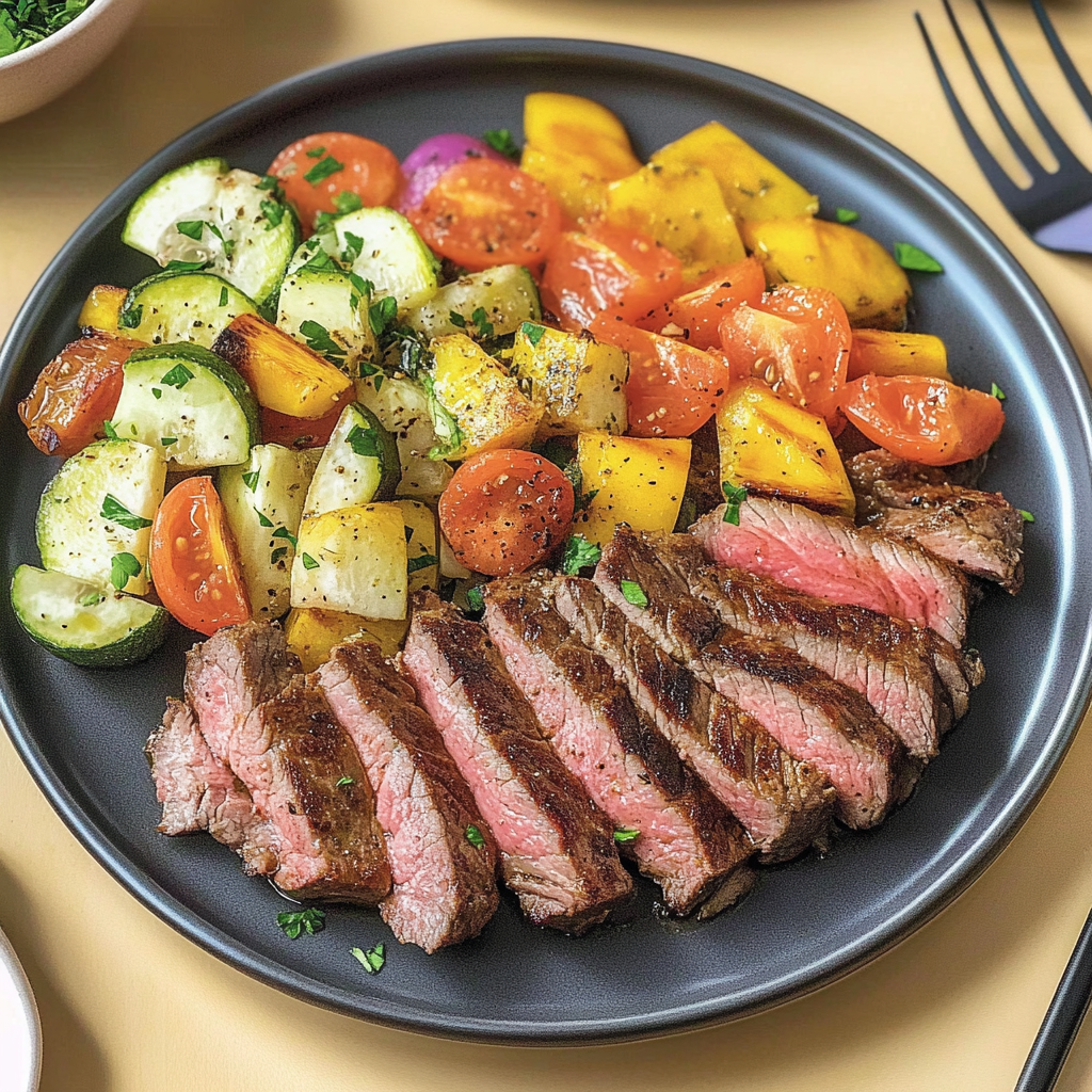 Recipe preparation for Greek Flank Steak and Veggie Salad (Roasted Veggies)