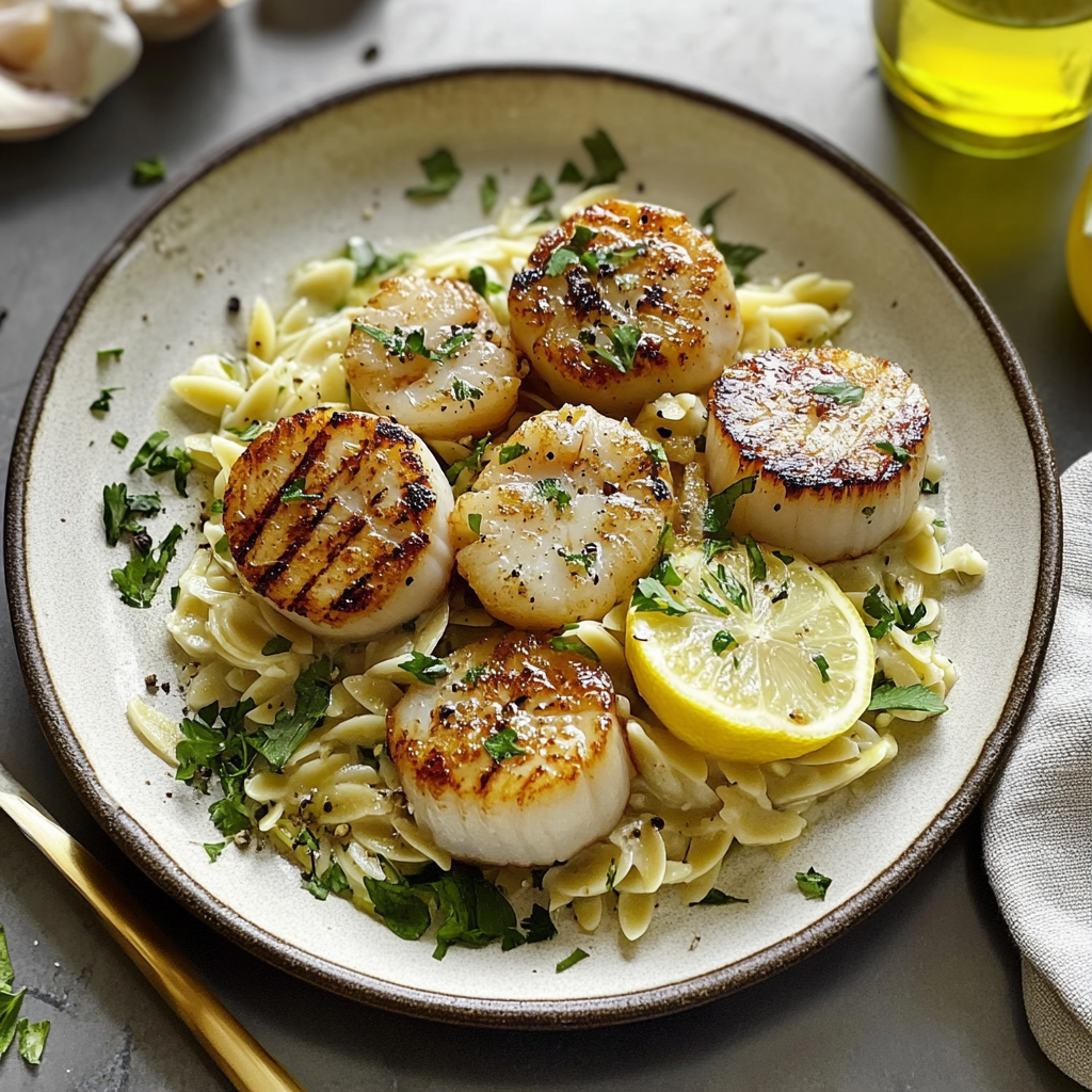Recipe preparation for Lemon Butter Scallops with Orzo