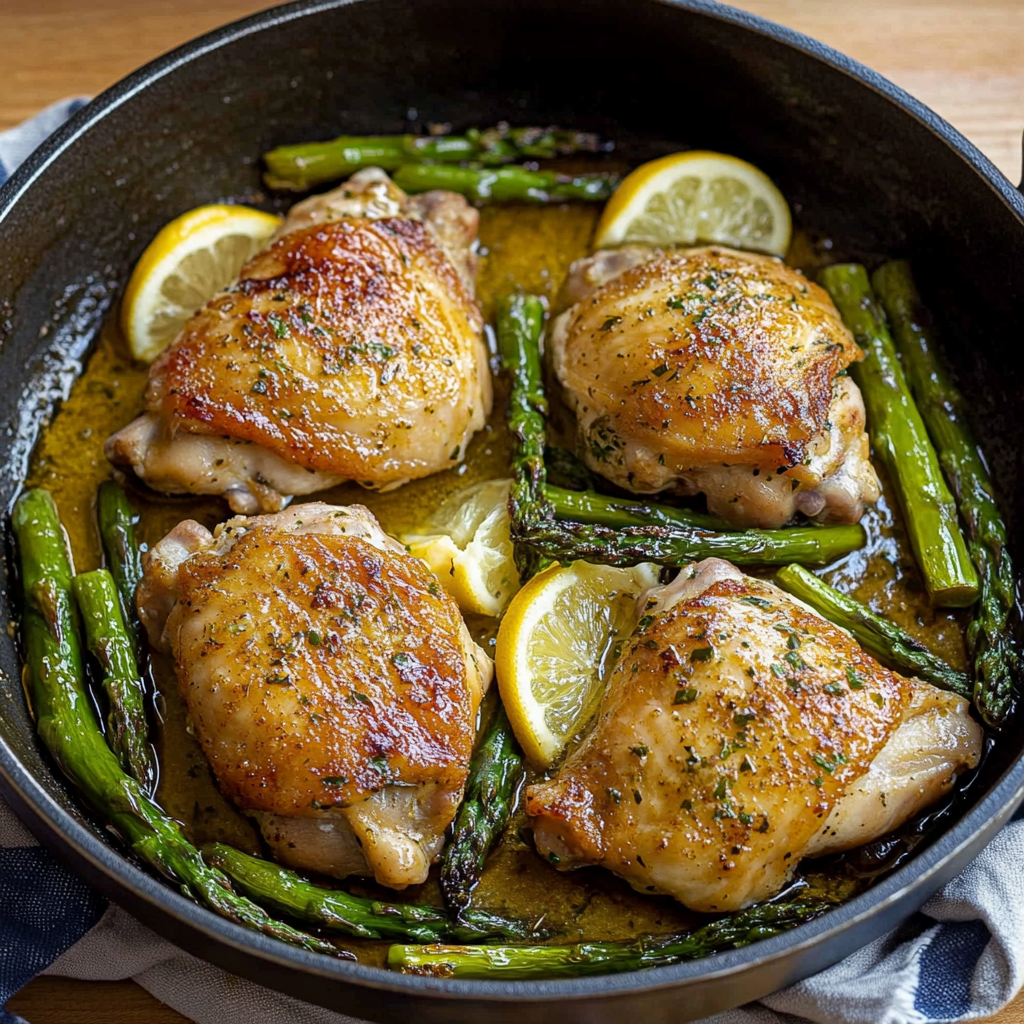 Recipe preparation for Crispy Lemon Chicken Thighs with Asparagus