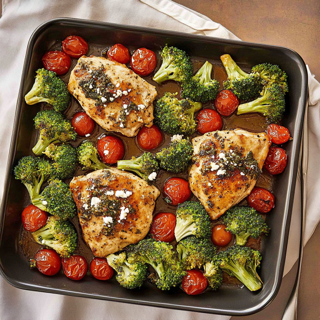 Recipe preparation for Baked Italian Chicken Dinner with Broccoli and Cherry Tomatoes