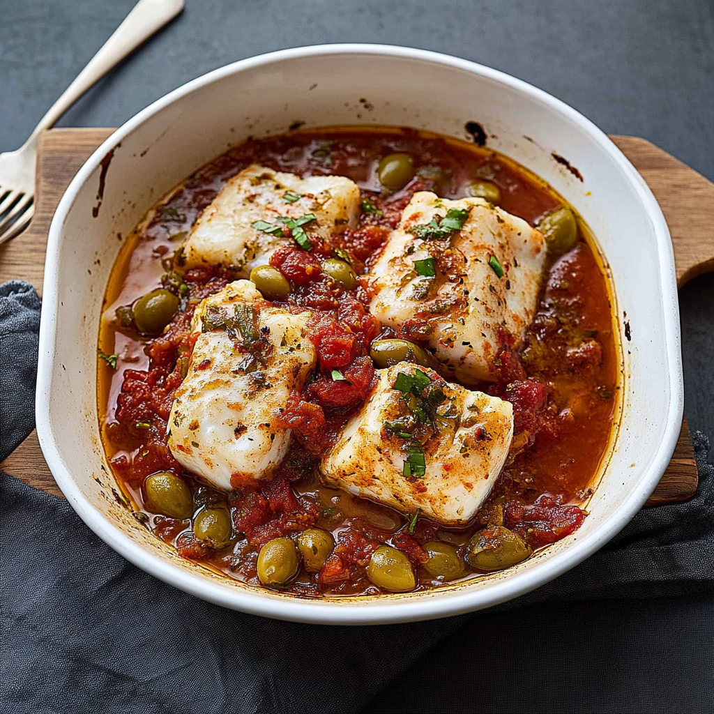 Recipe preparation for Mediterranean Baked Cod with Tomatoes & Olives