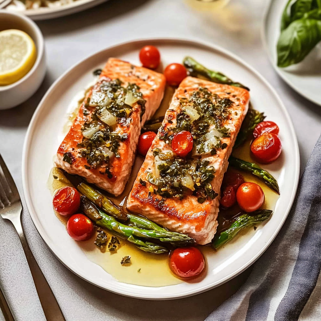Recipe preparation for Best Salmon Bake with Asparagus and Cherry Tomatoes