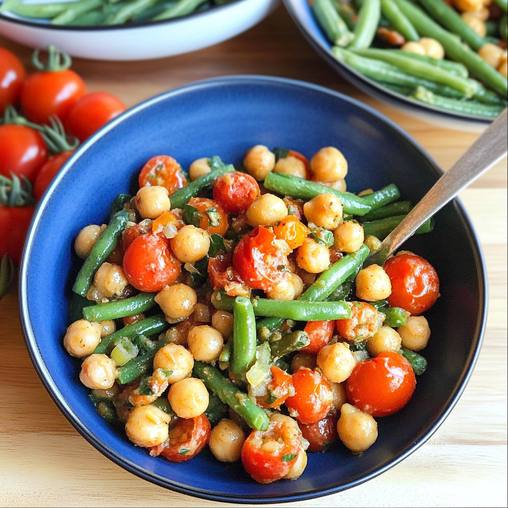 Recipe preparation for Green Bean, Tomato, and Basil Sheet Pan Dinner with Chickpeas