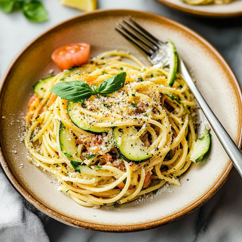 Recipe preparation for Spaghetti Aglio e Olio with Summer Squash Ribbons
