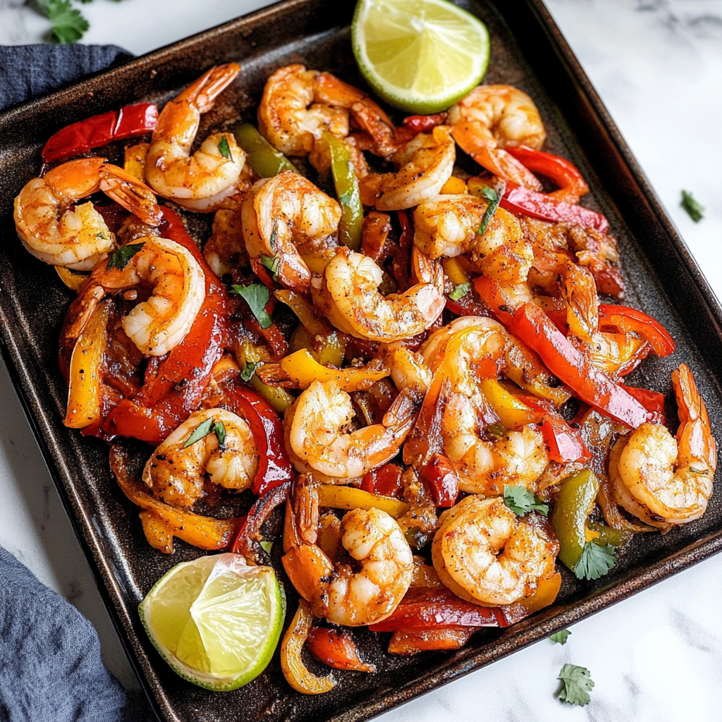 Recipe preparation for Sheet Pan Shrimp Fajitas with Tri-Color Peppers