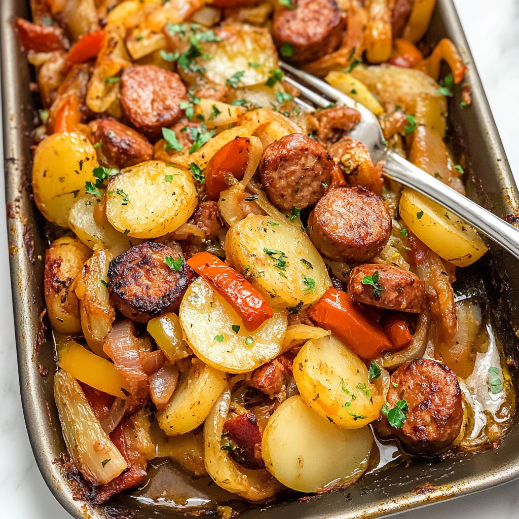 Recipe preparation for Sausage, Peppers, Onions, and Potato Bake