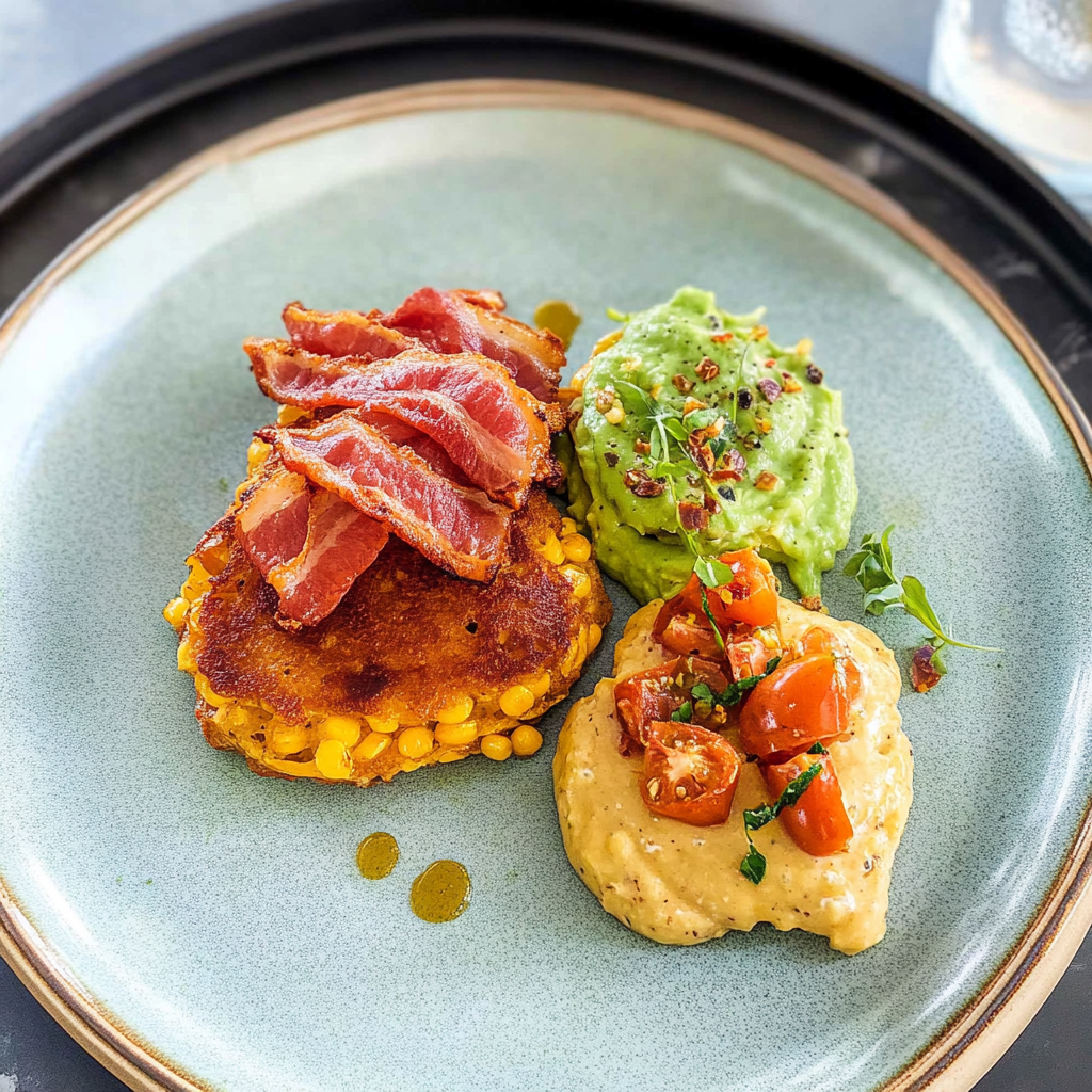 Recipe preparation for Corn Fritters With Bacon, Roasted Tomatoes & Avocado