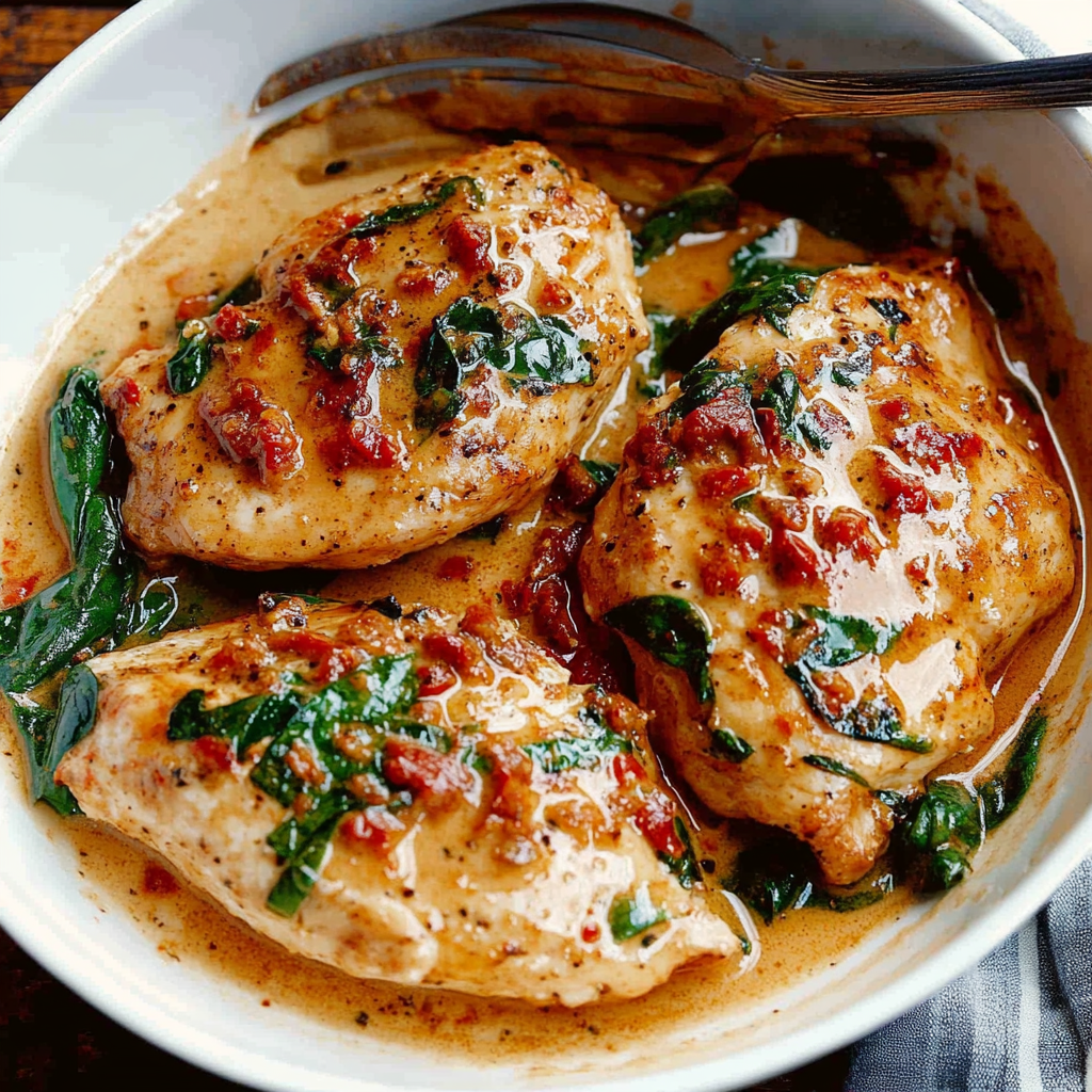 Recipe preparation for 30-Minute Tuscan Chicken with Spinach and Sun-Dried Tomatoes