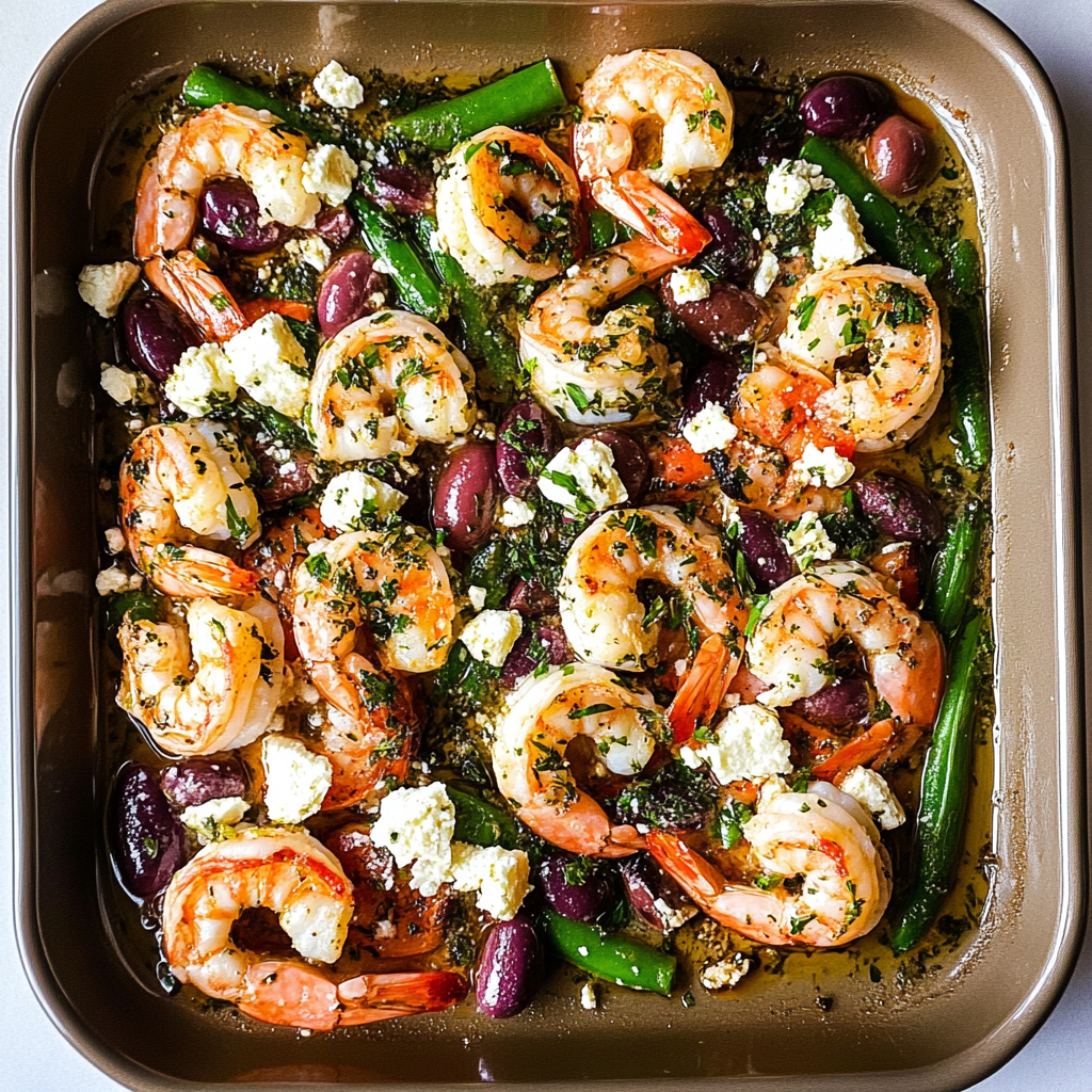 Recipe preparation for Sheet Pan Greek Shrimp with Feta and Olives