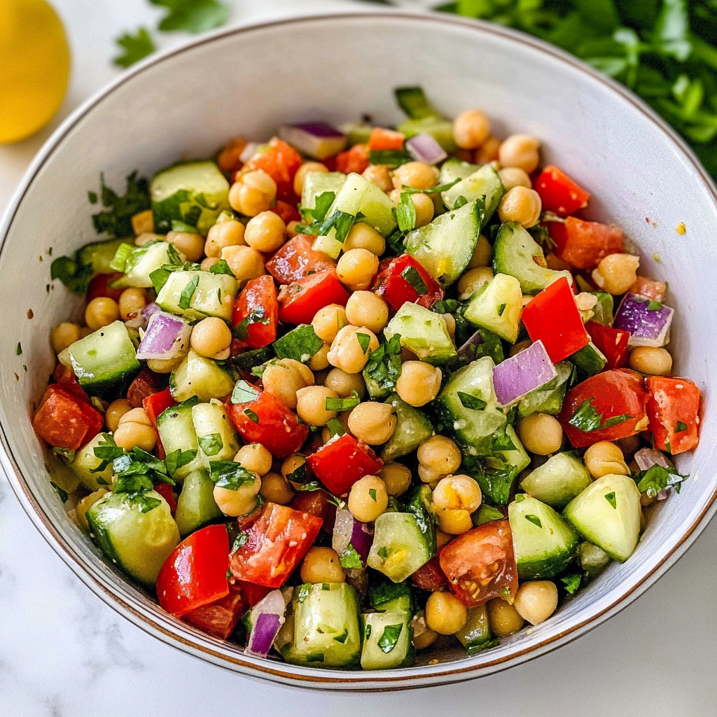 Recipe preparation for Cucumber & Garbanzo Bean Salad with Lemon Vinaigrette