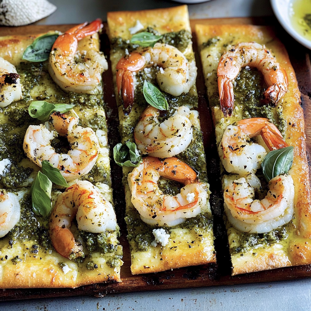 Recipe preparation for 30-Minute Pesto Shrimp Flatbreads