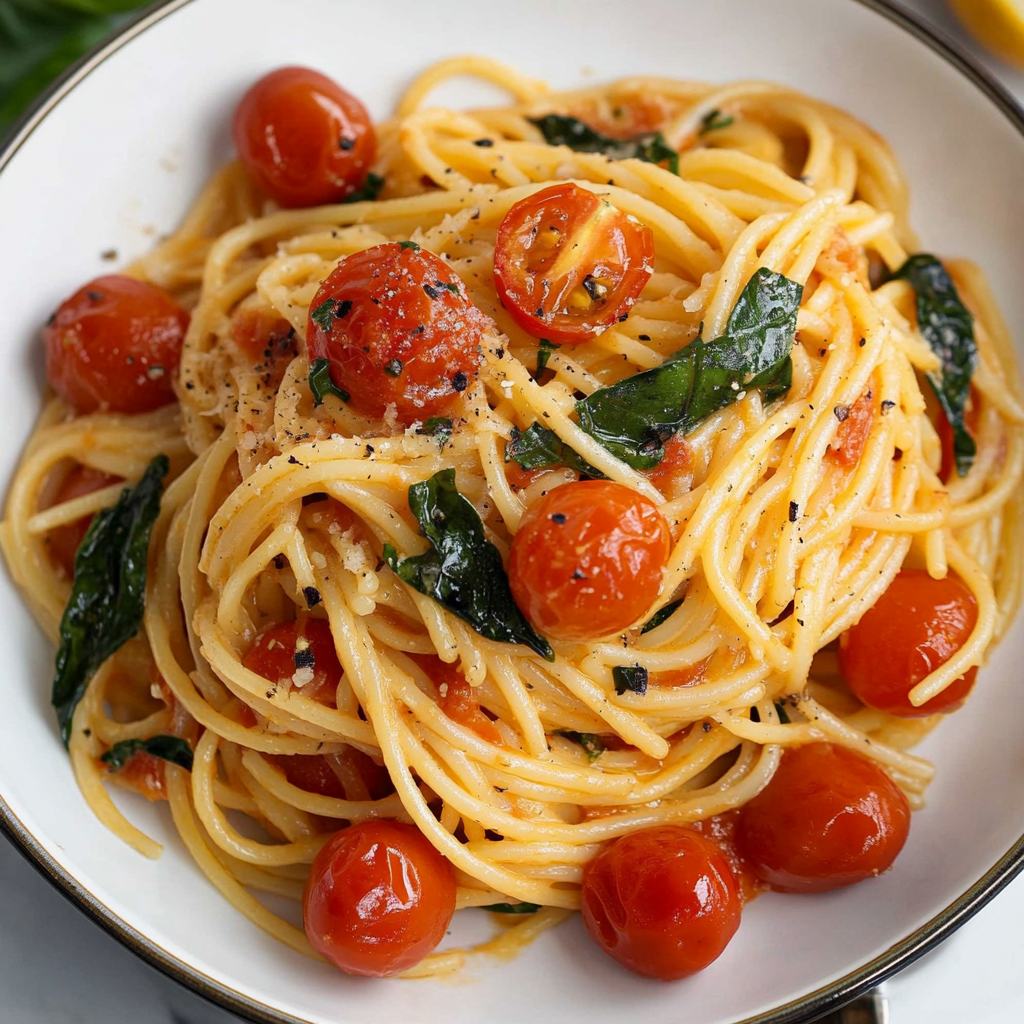 Recipe preparation for 30-Minute Lemon Basil Pasta with Cherry Tomatoes