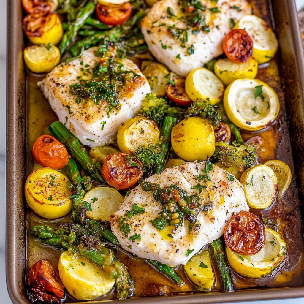 Recipe preparation for Sheet Pan Garlic Butter Cod with Zucchini and Squash