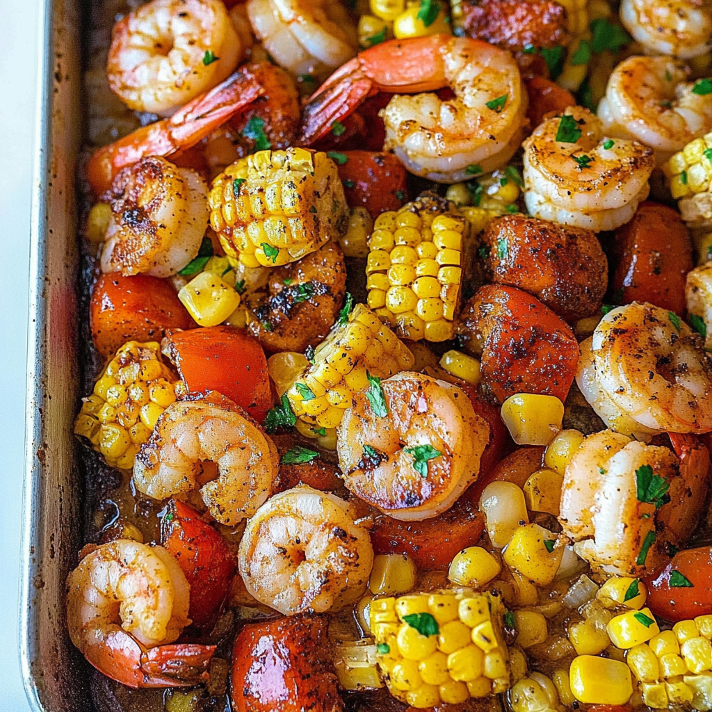 Recipe preparation for Sheet Pan Cajun Butter Shrimp with Corn & Peppers