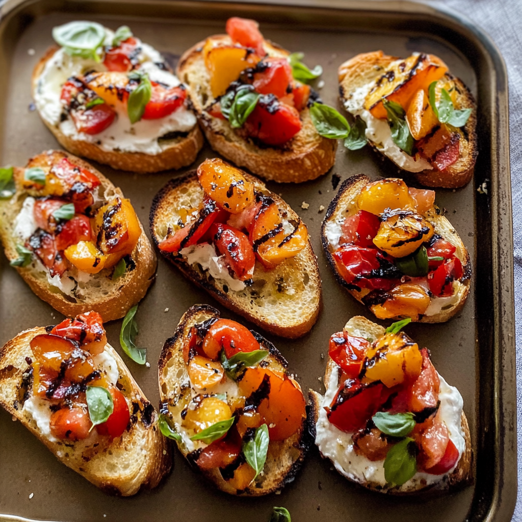 Recipe preparation for Peach & Roasted Pepper Bruschetta