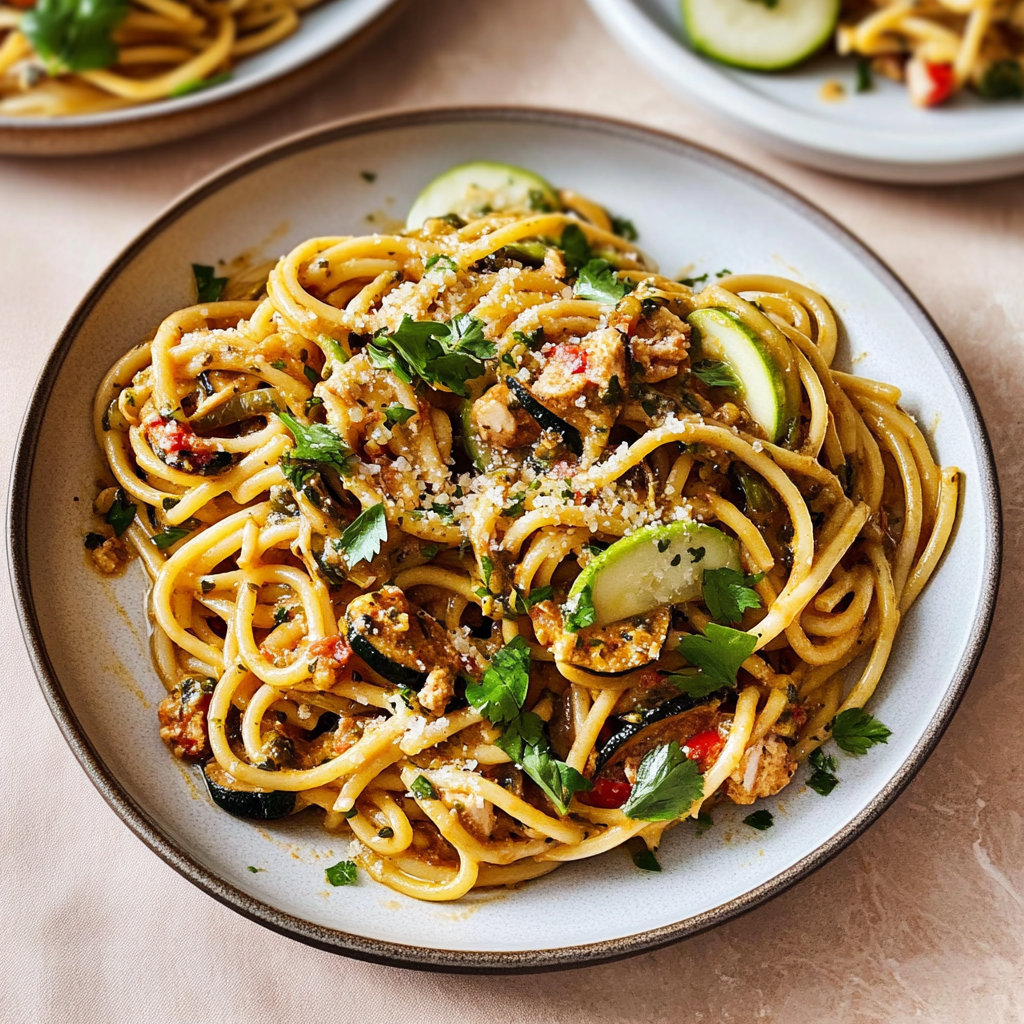 Recipe preparation for Zucchini Pasta With Chili, Garlic & Parmesan
