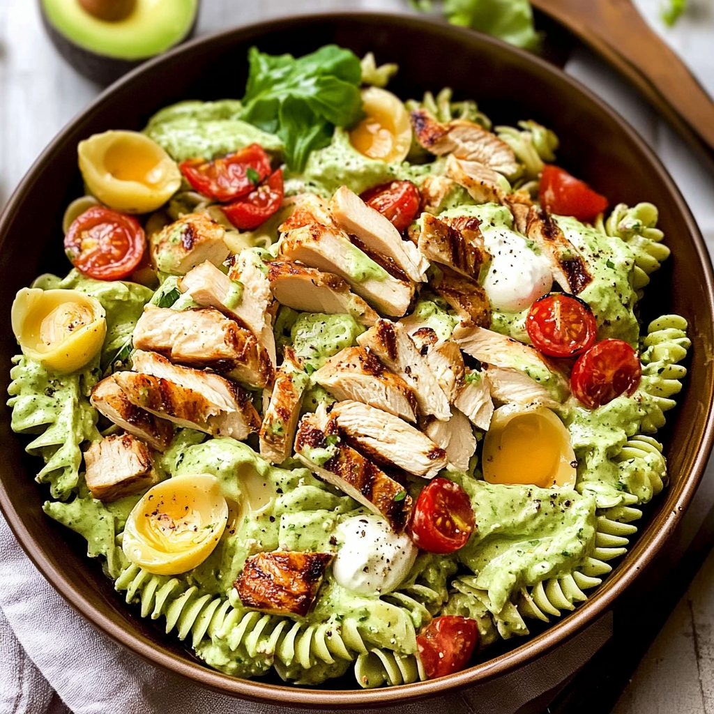 Recipe preparation for Ranch & Avocado Pasta Salad with Grilled Chicken