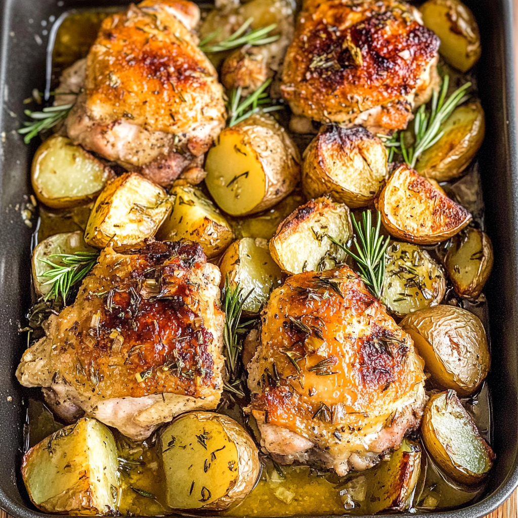 Recipe preparation for One-Pan Garlic Chicken and Potatoes with Rosemary
