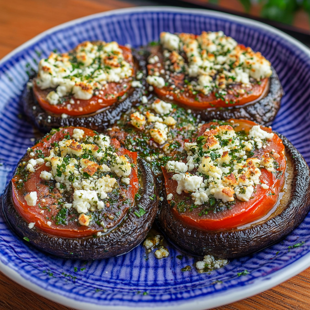 Recipe preparation for Grilled Portobellos With Pesto, Tomatoes & Feta