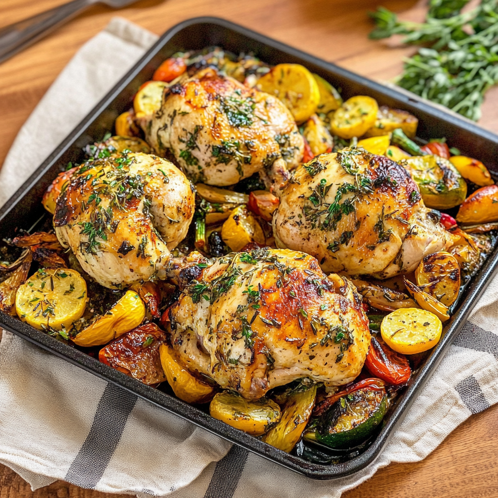 Recipe preparation for Sheet-Pan Lemon Herb Roasted Chicken and Veggies
