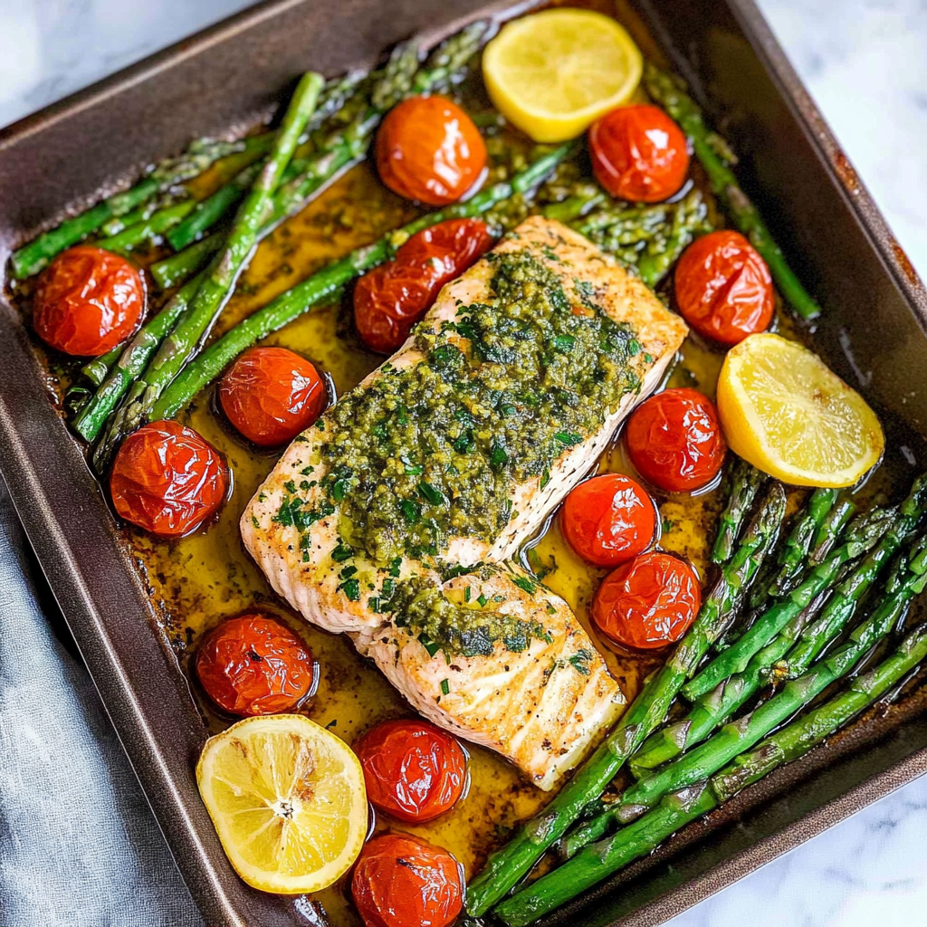 Recipe preparation for Sheet Pan Pesto Salmon with Roasted Cherry Tomatoes and Asparagus
