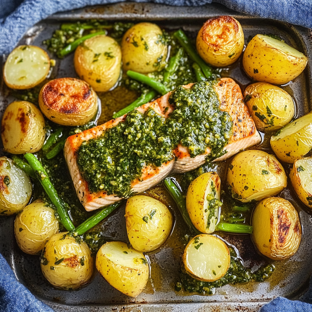 Recipe preparation for Salmon with Potatoes and Pesto (Sheet Pan)