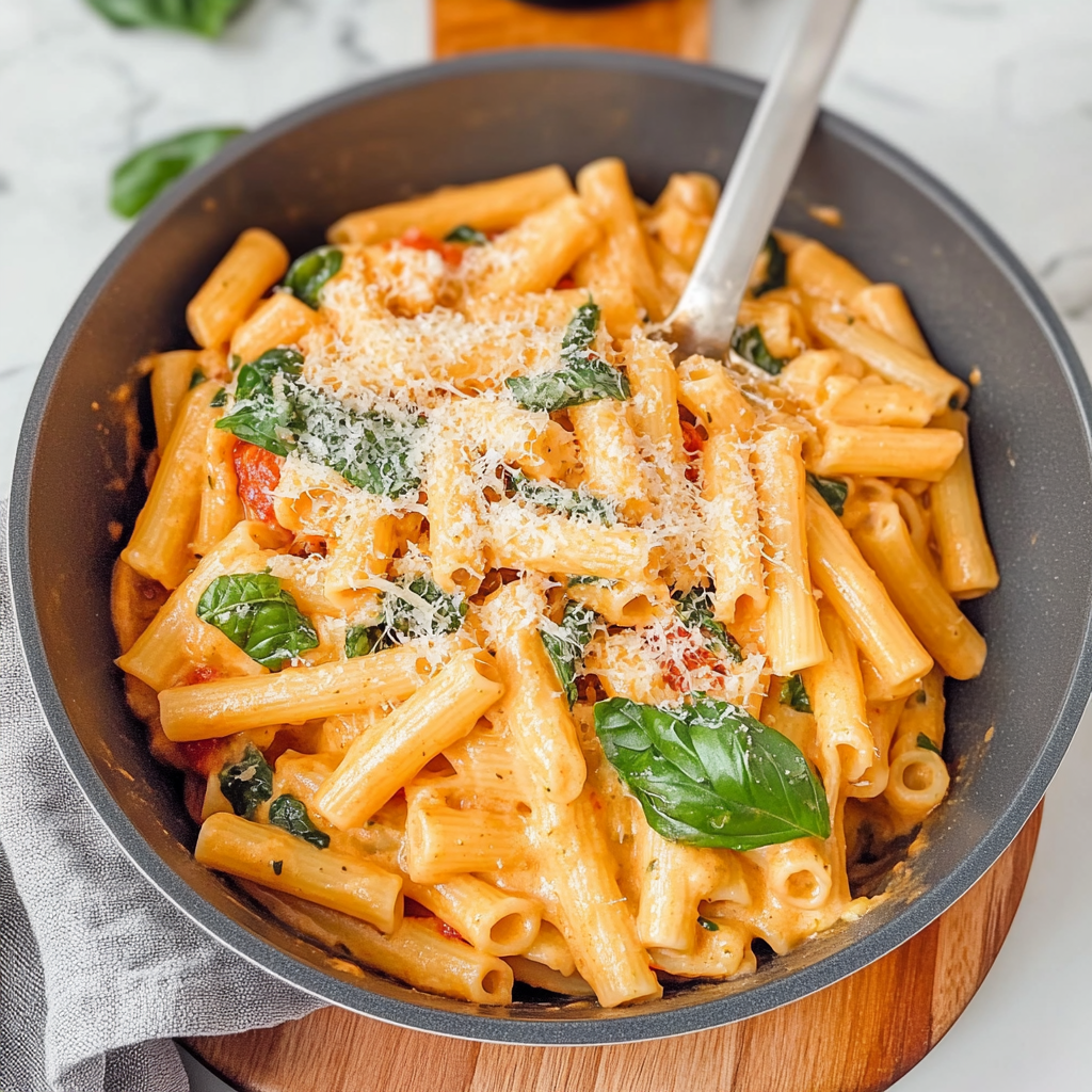Recipe preparation for 30 minute creamy tomato basil pasta