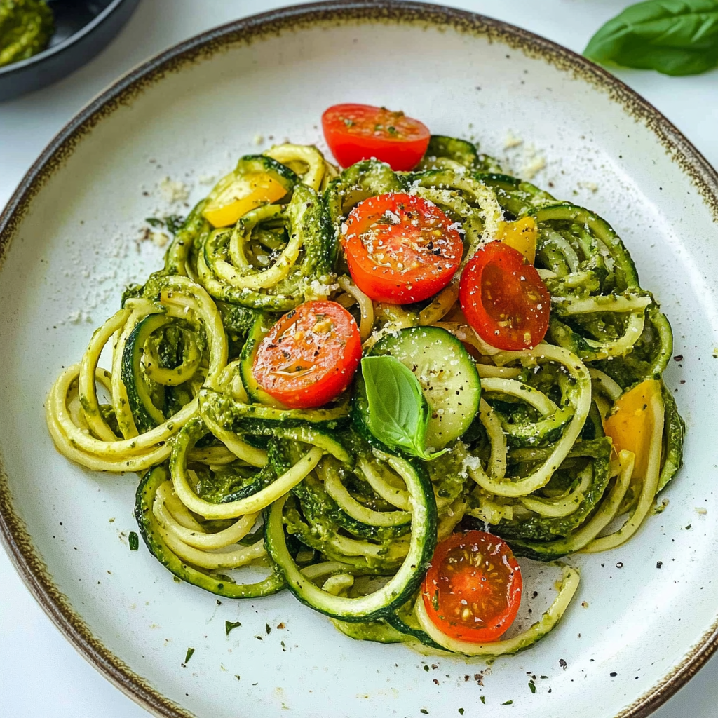 Recipe preparation for 30 minute zucchini noodles with pesto