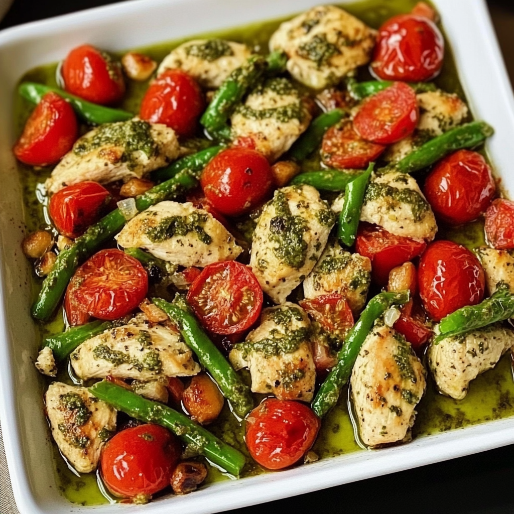 Recipe preparation for sheet pan pesto chicken and tomatoes