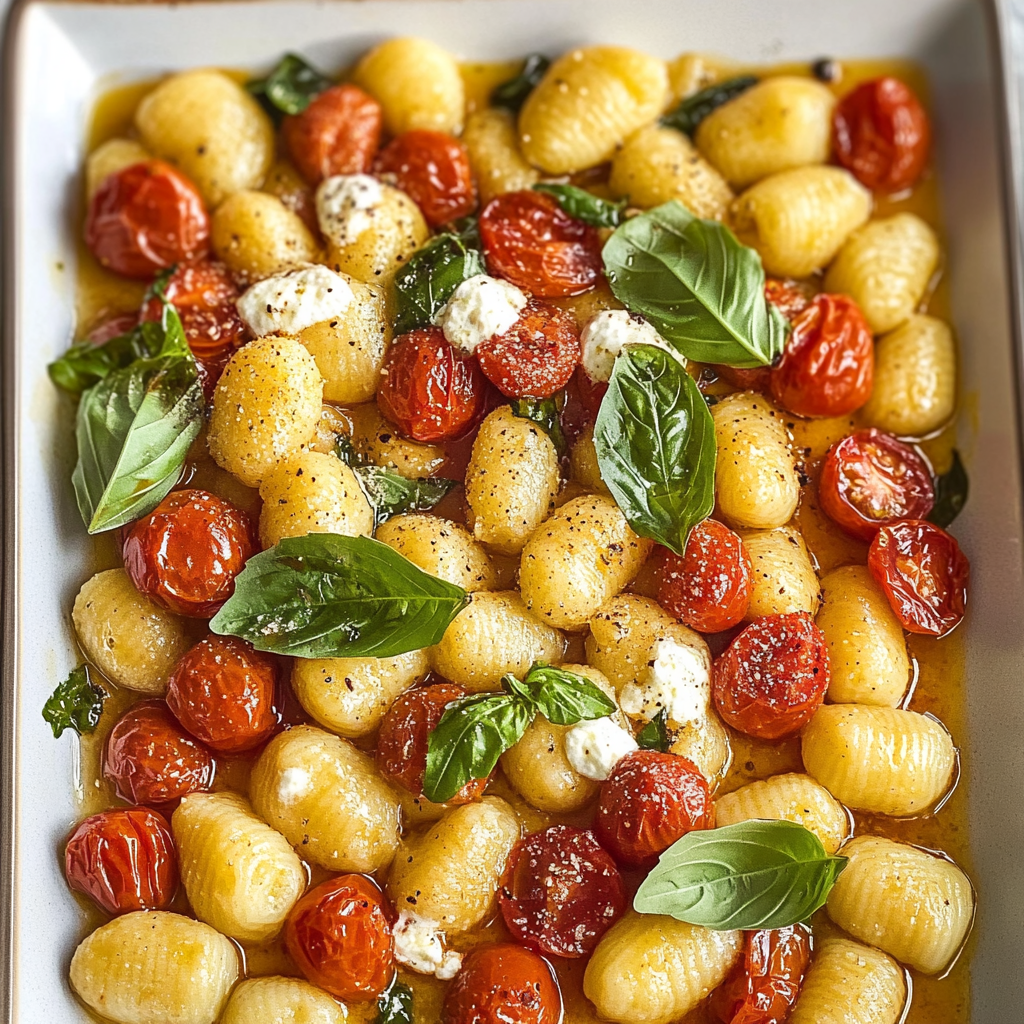 Recipe preparation for Sheet Pan Gnocchi with Cherry Tomatoes and Mozzarella