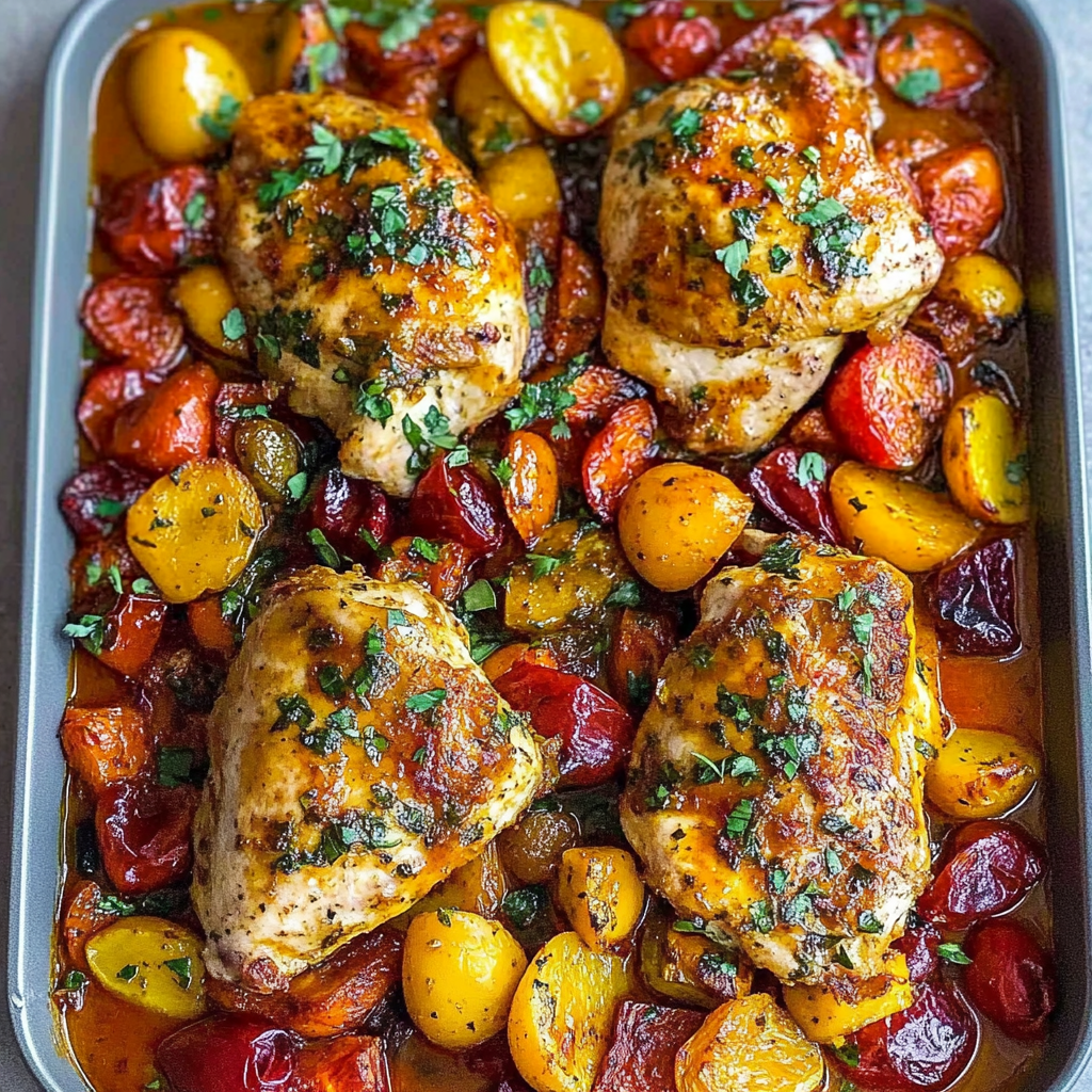 Recipe preparation for Sheet-Pan Harissa Chicken With Smashed Olives & Apricots