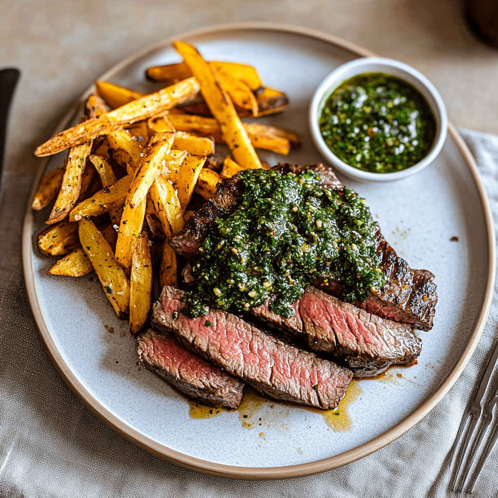 Recipe preparation for Sheet Pan Chimichurri Steak & Sweet Potato Fries