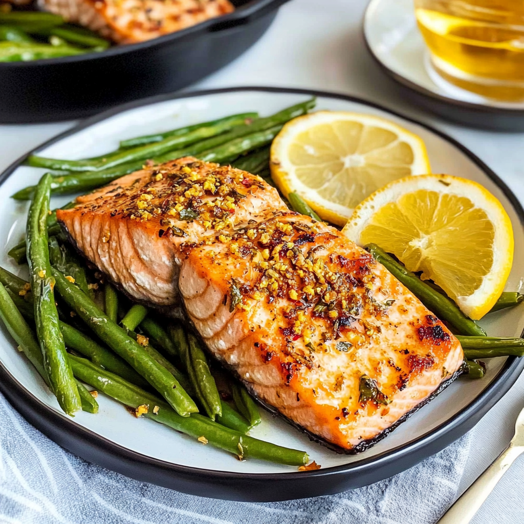 Recipe preparation for sheet pan garlic butter salmon green beans
