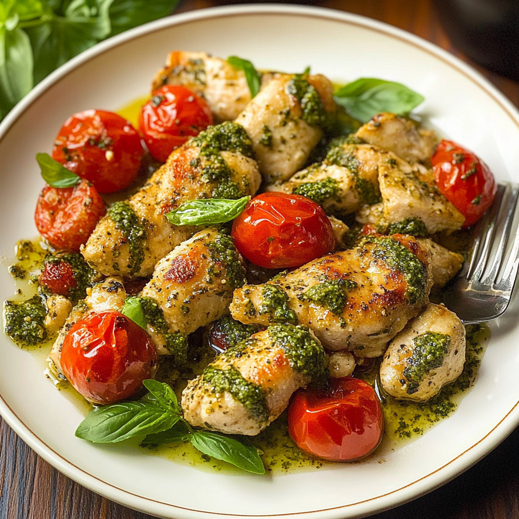 Recipe preparation for sheet pan pesto chicken tomatoes