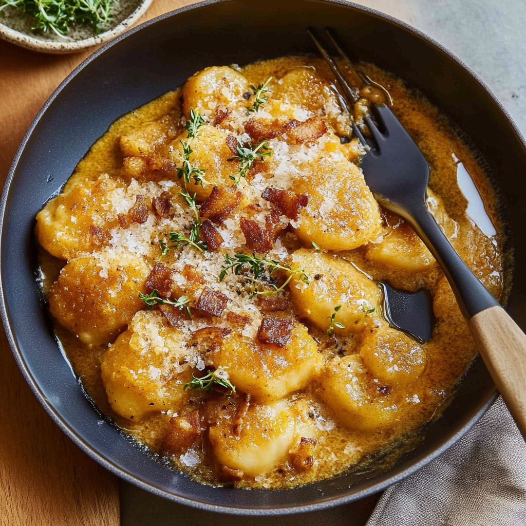 Recipe preparation for 30-Minute Creamy Pumpkin Gnocchi with Bacon