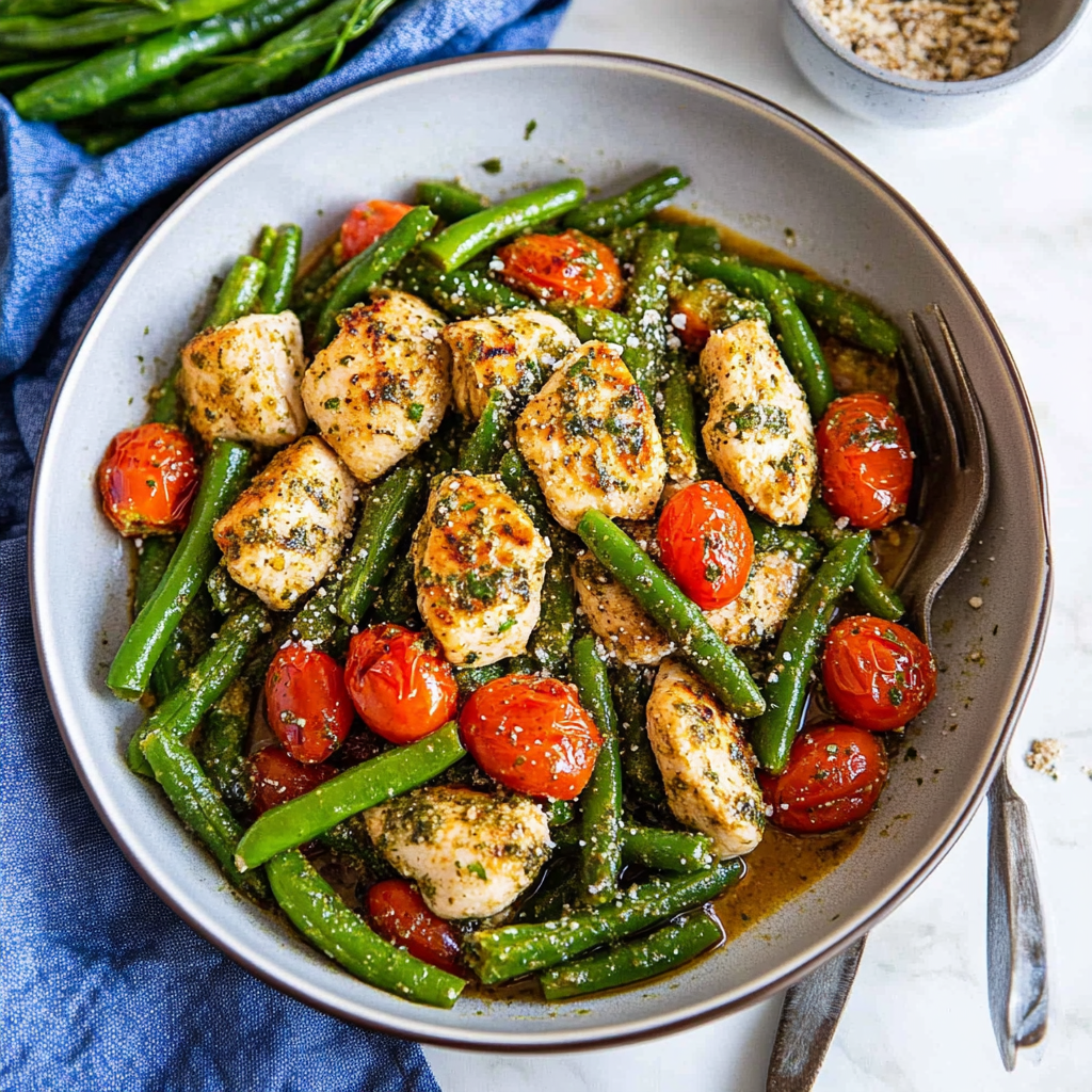 Recipe preparation for Sheet Pan Pesto Chicken with Cherry Tomatoes & Green Beans