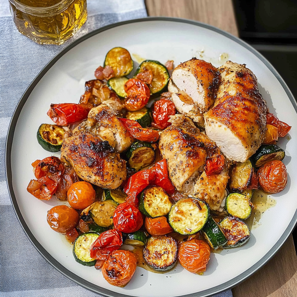 Recipe preparation for Sheet Pan Harissa Chicken with Zucchini & Tomatoes