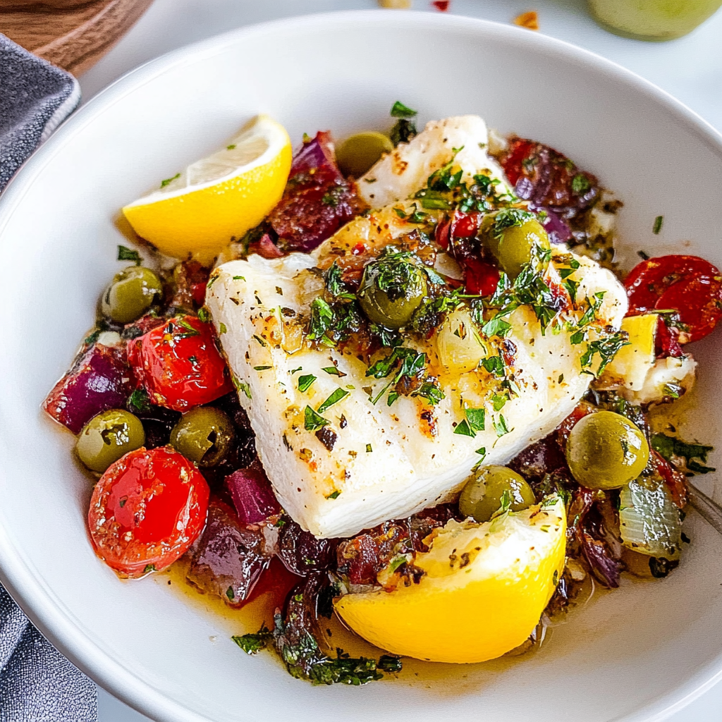 Recipe preparation for Sheet Pan Mediterranean Cod with Olive Salsa